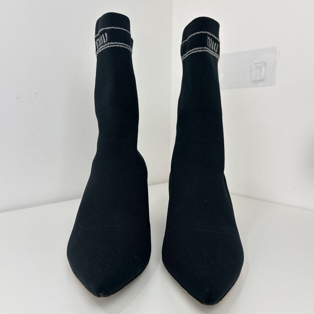 Miu Miu Kitten Heel Sock Boots Shoes Black Logo Pointed Toe EU 37.5 US 7.5 - Picture 4 of 14